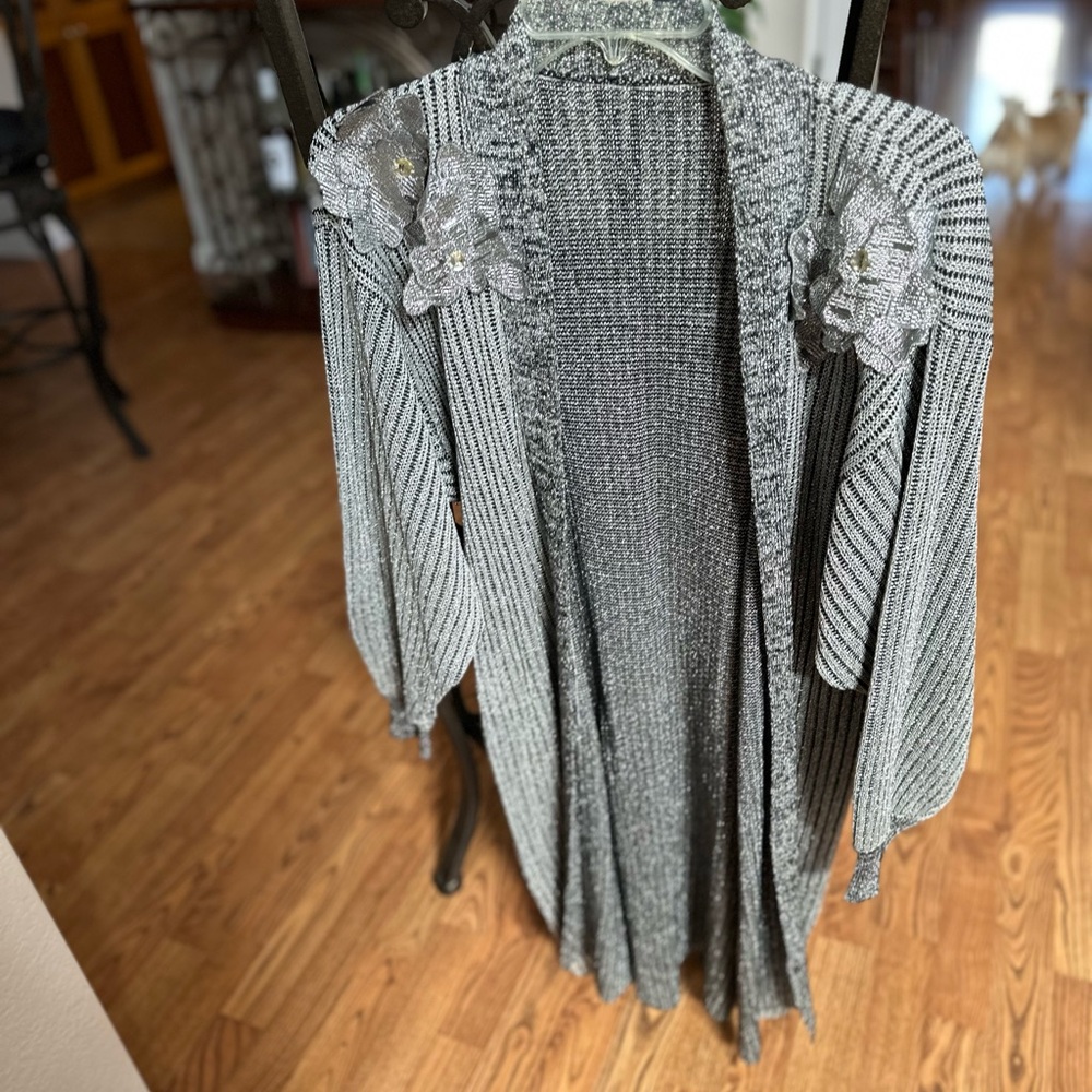 Silver Knitted Cardigan Sweater Duster with flower appliqués